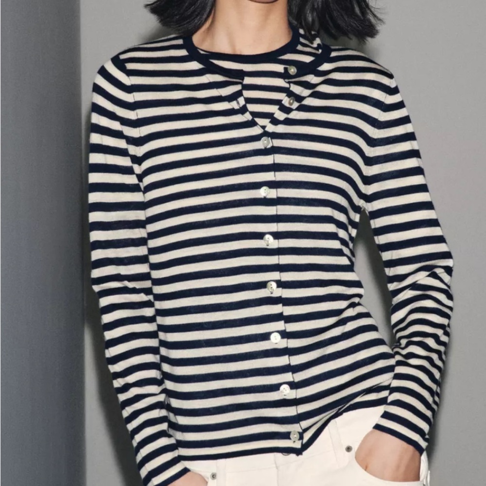 Zara Navy and White Striped Button Down Shirt